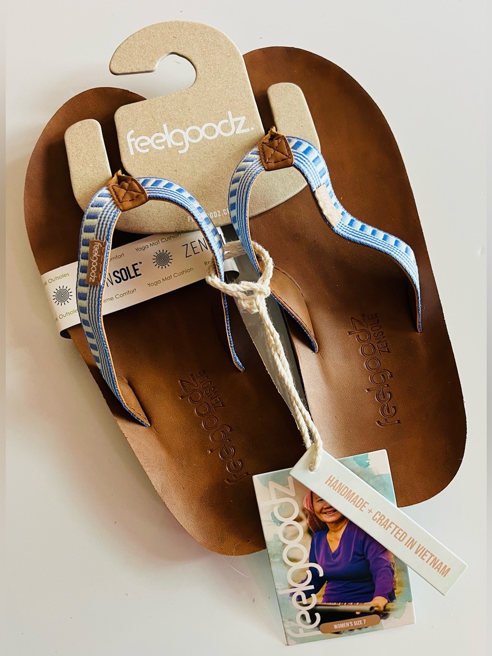 feelgoodz Women's Brown Leather Flip Flops with Blue-White Striped Straps NWT
